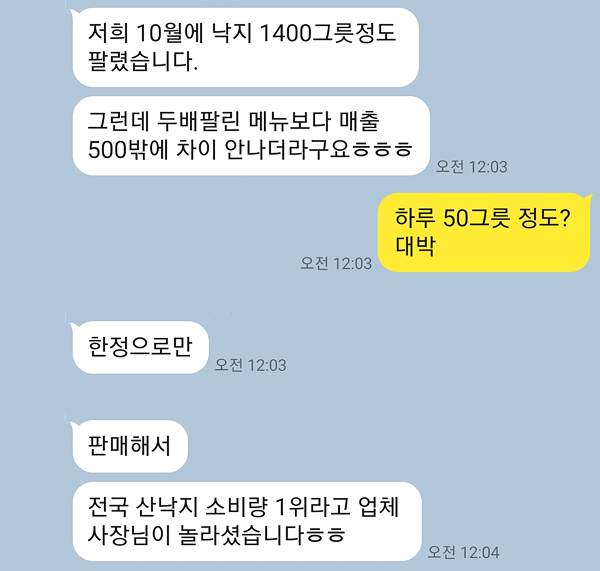 한정 판매 메뉴 1400그릇 판매! 전국 산낙지 소비량 1위가 됐습니다